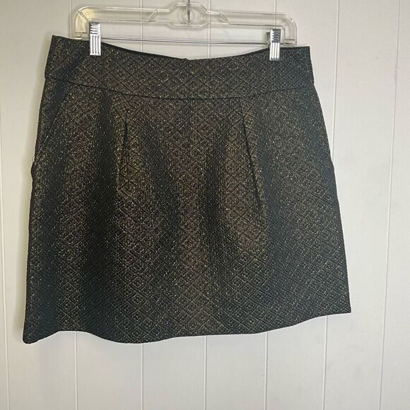Ann Taylor Loft Women’s Size 12 Black Metallic Gold A Line Mini Skirt Pleated - Picture 1 of 9